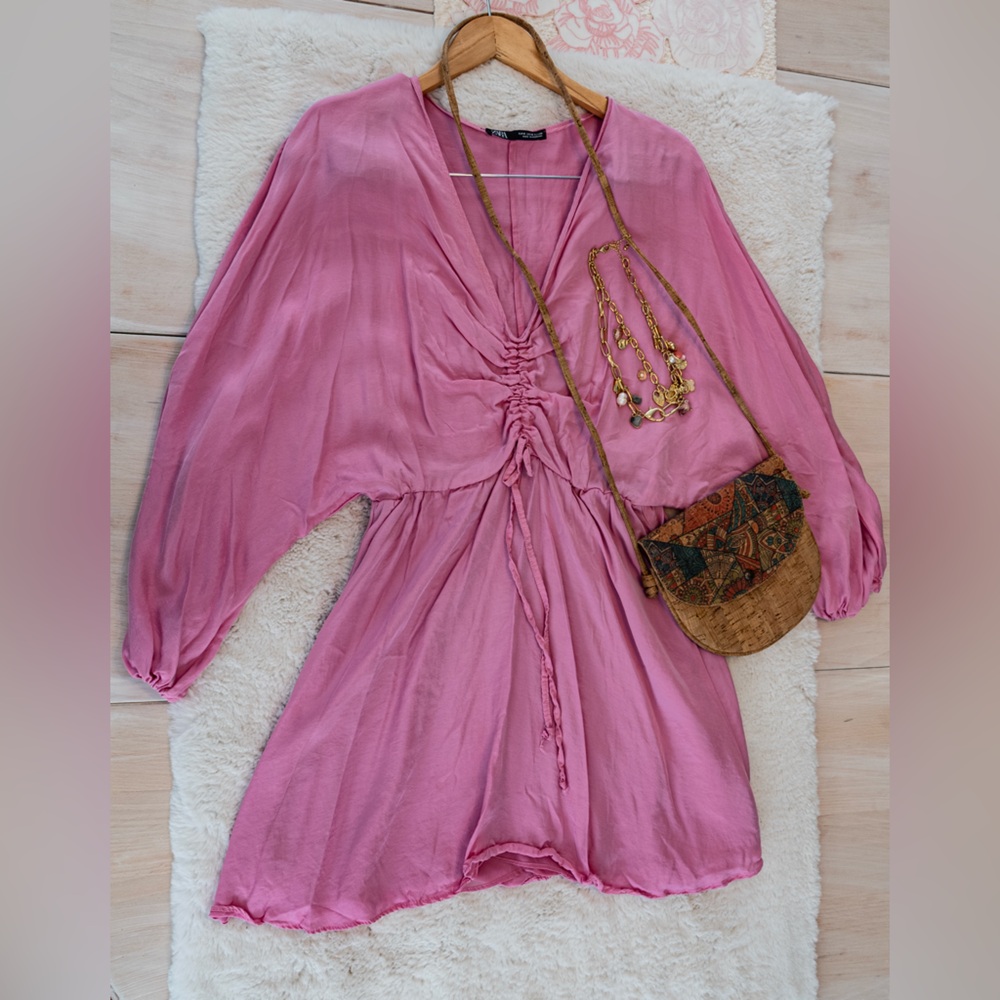 Zara Pink satin effect Mini Dress Ruched Front Long Sleeve Dress Size Medium - Picture 4 of 4